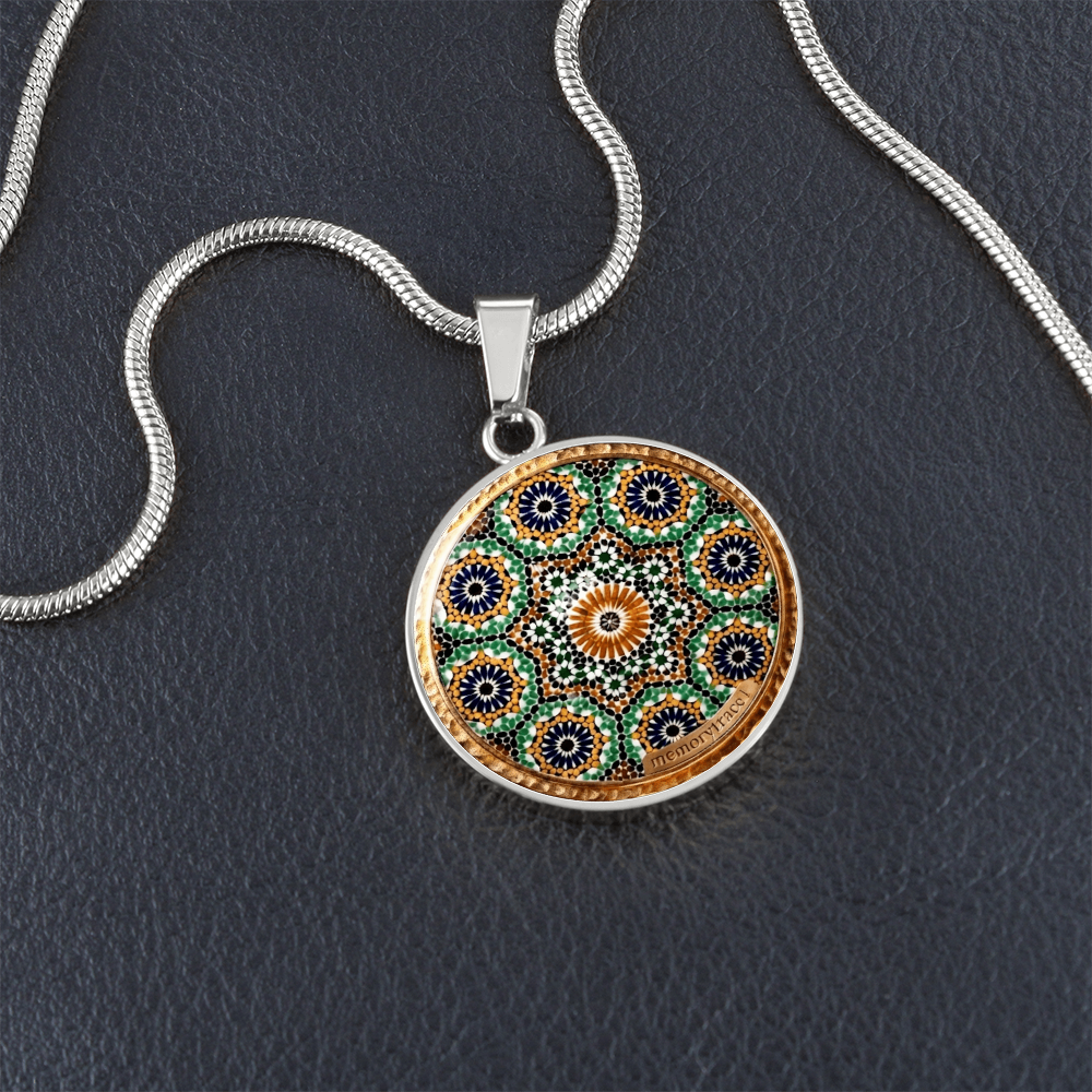 Handmade Moroccan Mosaic Tile Art Circular Pendant Necklace - Custom Geometric Glass Cabochon Jewelry | MemoryTrace1