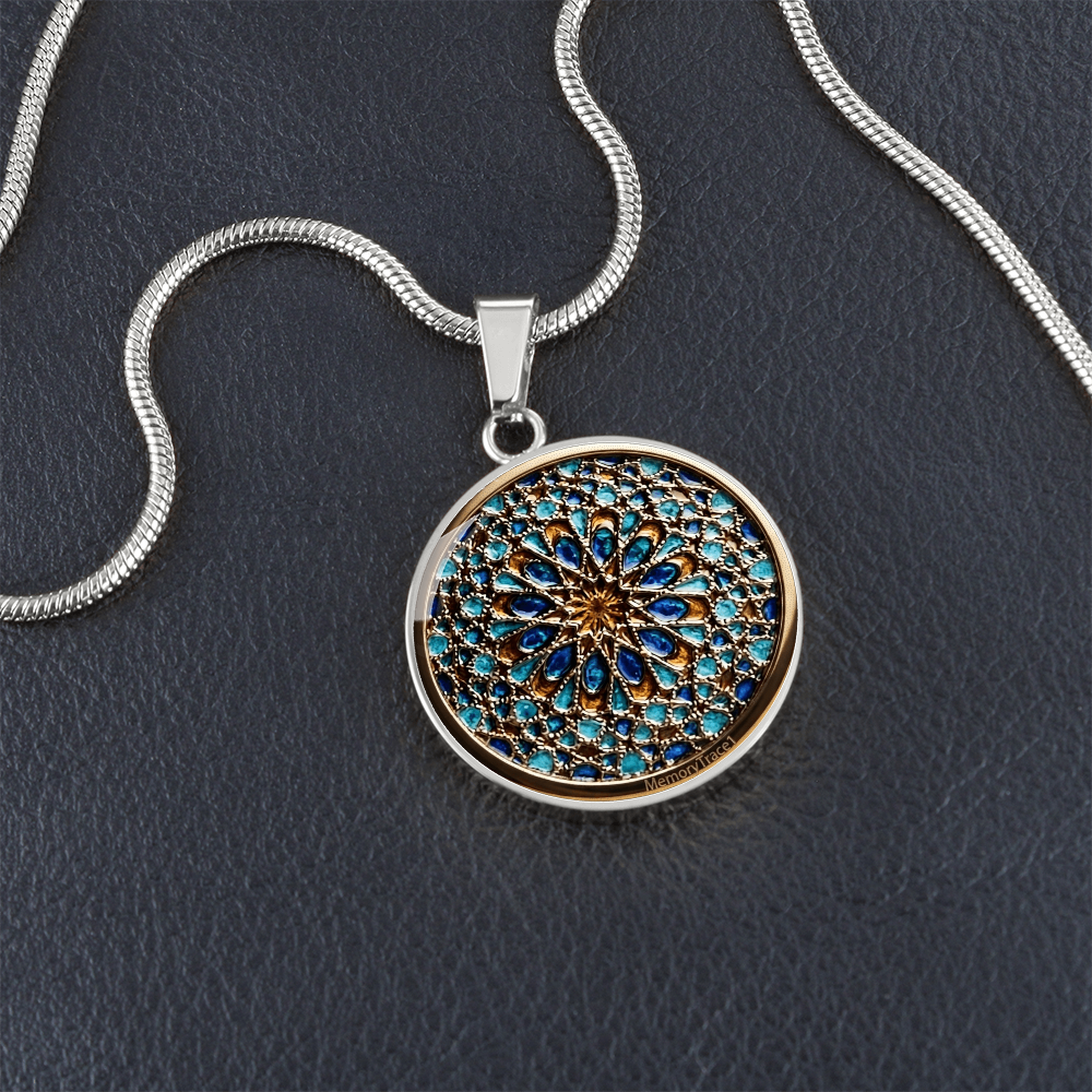 Handmade Blue Moroccan Mosaic Tile Art Circular Pendant Necklace - Regal Geometric Glass Cabochon Jewelry | MemoryTrace1