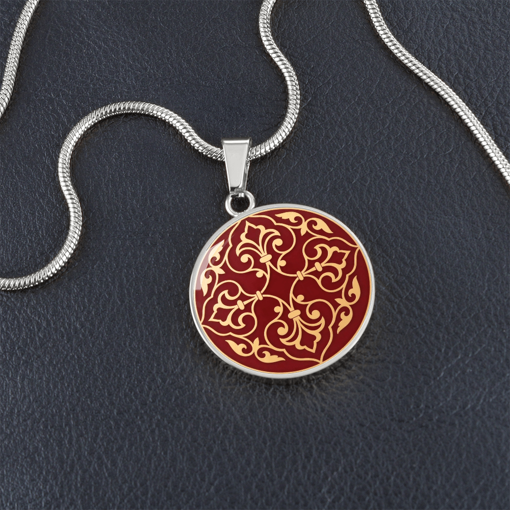 Moroccan Heritage Gold Pendant Necklace | Traditional Geometric Enamel Medallion Jewelry | Elegant Burgundy & Gold Charm | MemoryTrace1