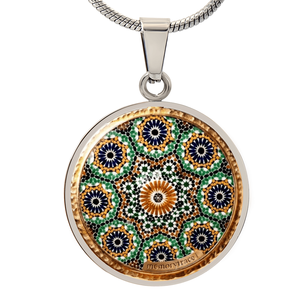 Handmade Moroccan Mosaic Tile Art Circular Pendant Necklace - Custom Geometric Glass Cabochon Jewelry | MemoryTrace1