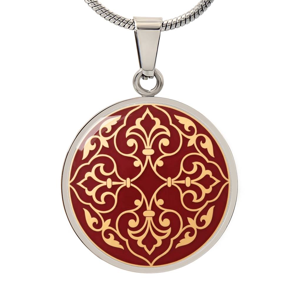 Moroccan Heritage Gold Pendant Necklace | Traditional Geometric Enamel Medallion Jewelry | Elegant Burgundy & Gold Charm | MemoryTrace1