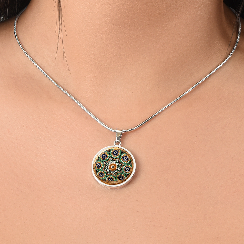 Handmade Moroccan Mosaic Tile Art Circular Pendant Necklace - Custom Geometric Glass Cabochon Jewelry | MemoryTrace1