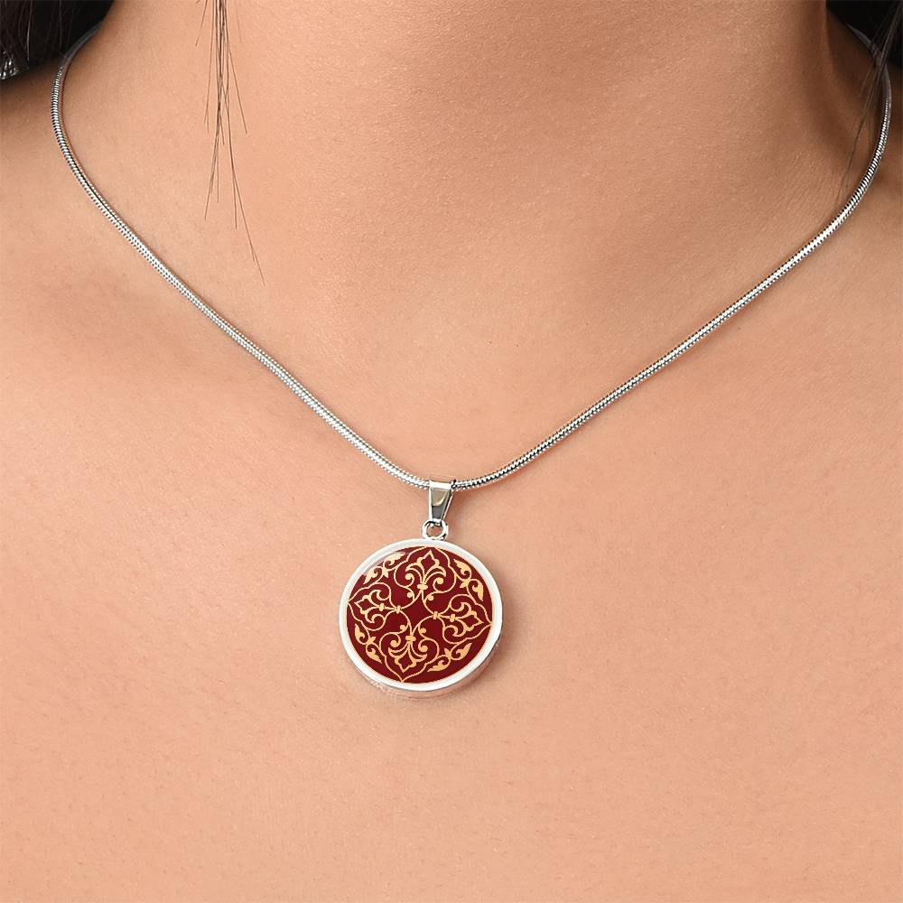 Moroccan Heritage Gold Pendant Necklace | Traditional Geometric Enamel Medallion Jewelry | Elegant Burgundy & Gold Charm | MemoryTrace1