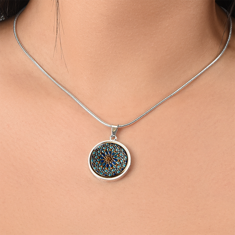 Handmade Blue Moroccan Mosaic Tile Art Circular Pendant Necklace - Regal Geometric Glass Cabochon Jewelry | MemoryTrace1