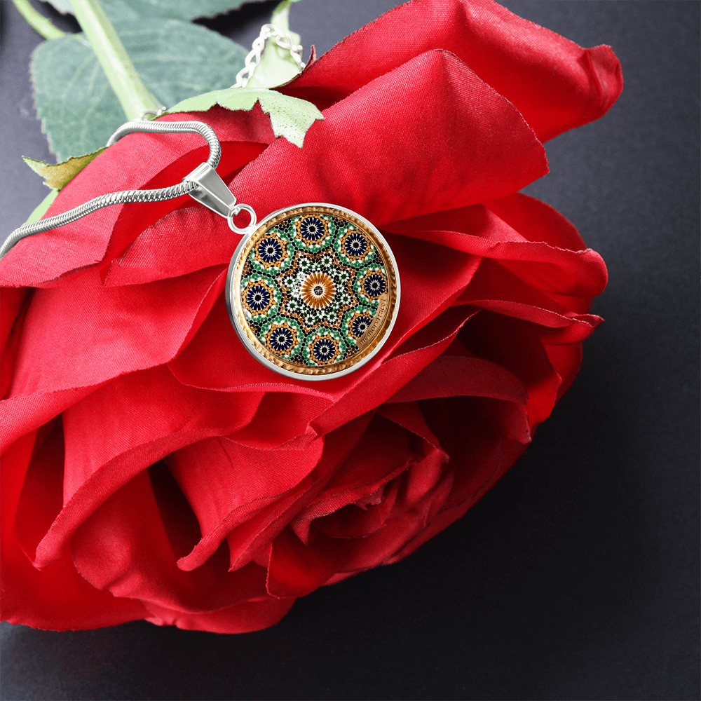 Handmade Moroccan Mosaic Tile Art Circular Pendant Necklace - Custom Geometric Glass Cabochon Jewelry | MemoryTrace1