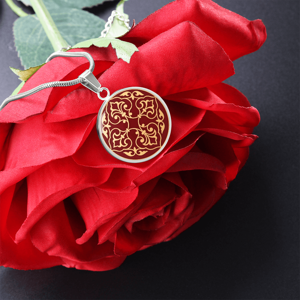 Moroccan Heritage Gold Pendant Necklace | Traditional Geometric Enamel Medallion Jewelry | Elegant Burgundy & Gold Charm | MemoryTrace1
