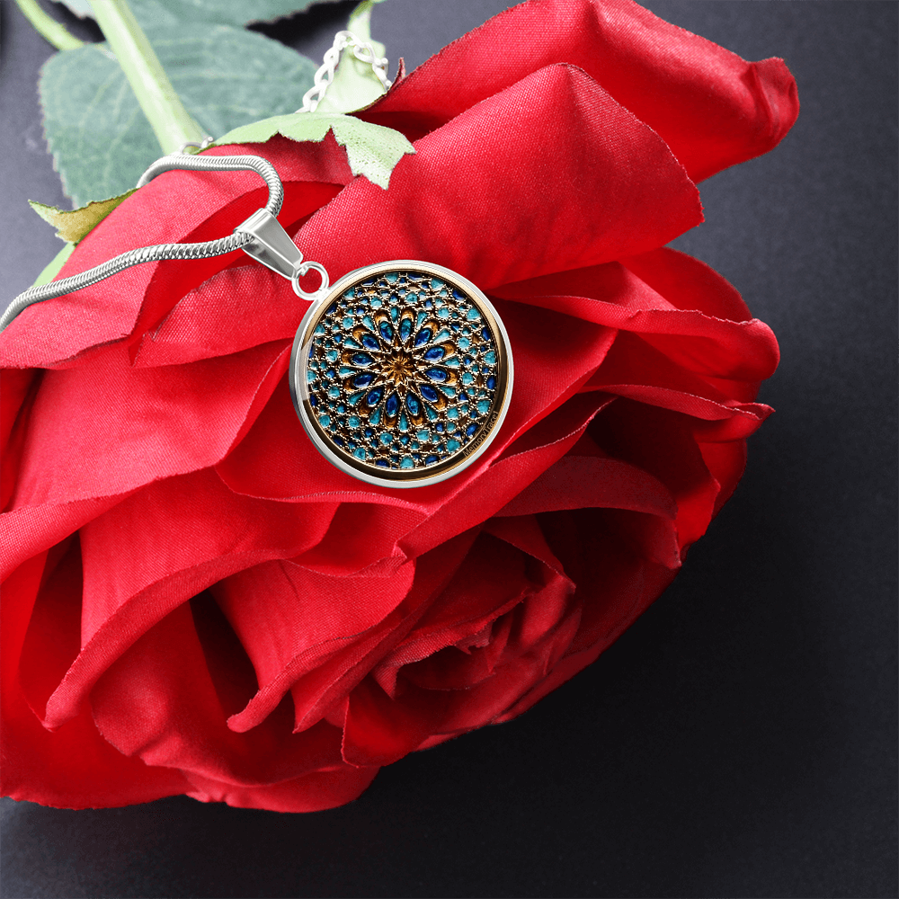 Handmade Blue Moroccan Mosaic Tile Art Circular Pendant Necklace - Regal Geometric Glass Cabochon Jewelry | MemoryTrace1