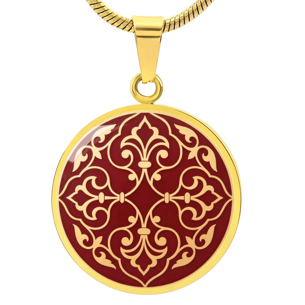 Moroccan Heritage Gold Pendant Necklace | Traditional Geometric Enamel Medallion Jewelry | Elegant Burgundy & Gold Charm | MemoryTrace1