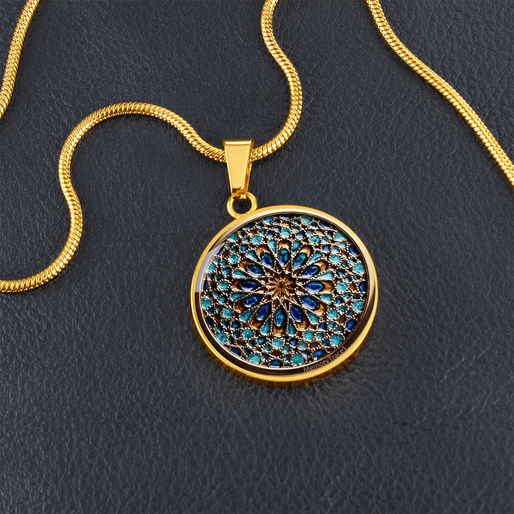 Handmade Blue Moroccan Mosaic Tile Art Circular Pendant Necklace - Regal Geometric Glass Cabochon Jewelry | MemoryTrace1