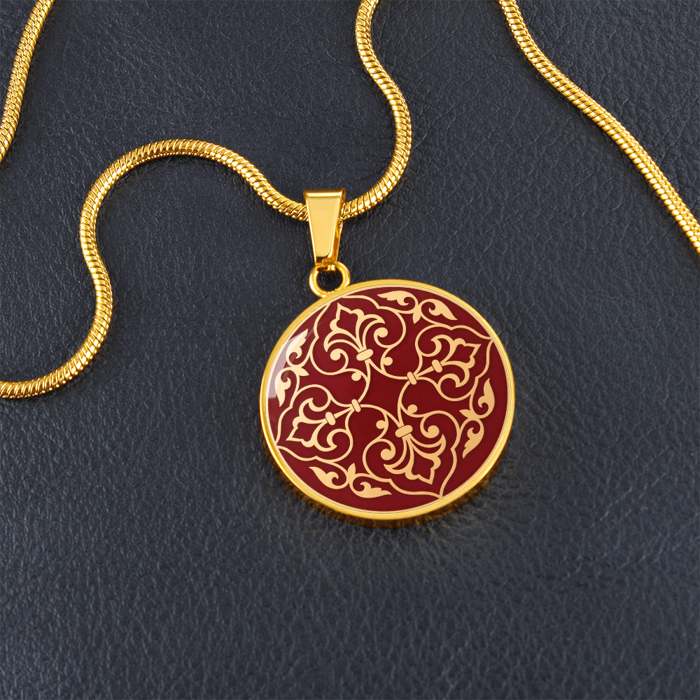 Moroccan Heritage Gold Pendant Necklace | Traditional Geometric Enamel Medallion Jewelry | Elegant Burgundy & Gold Charm | MemoryTrace1