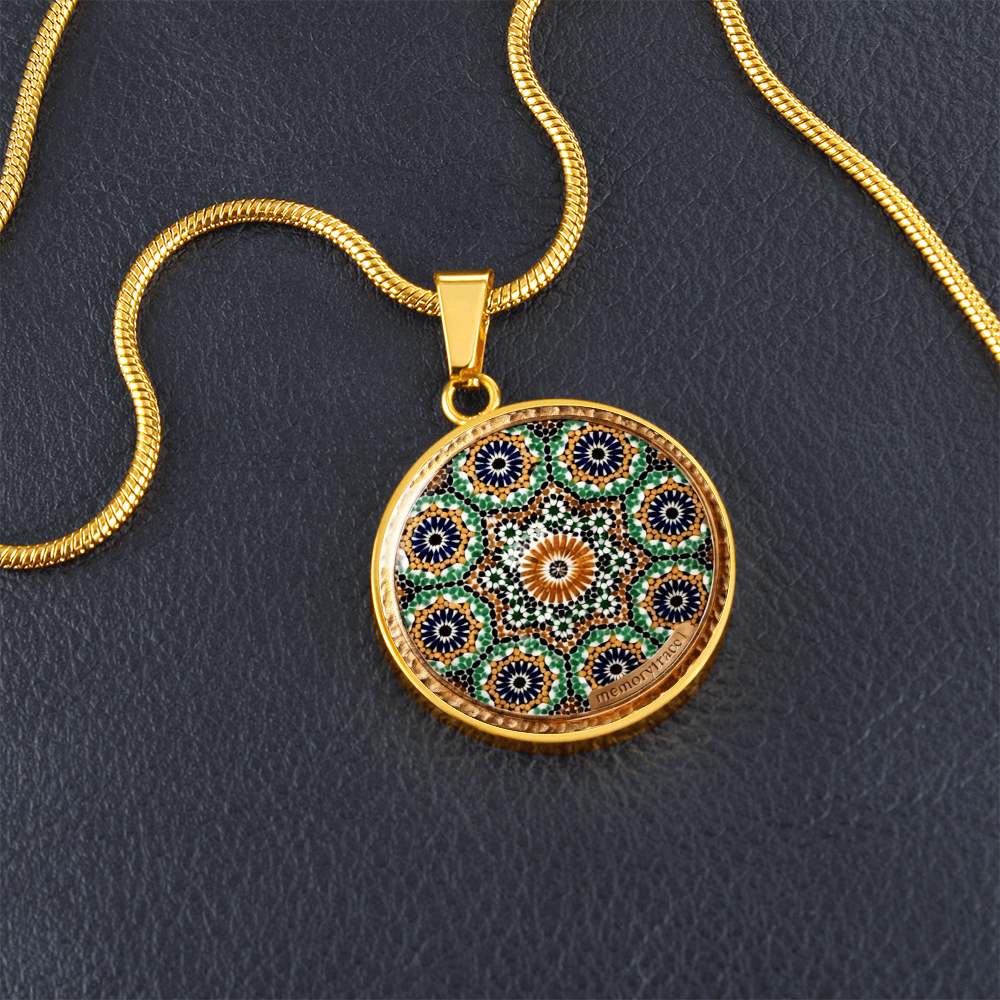Handmade Moroccan Mosaic Tile Art Circular Pendant Necklace - Custom Geometric Glass Cabochon Jewelry | MemoryTrace1